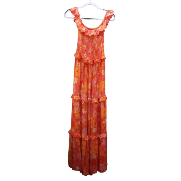 Abel The Label M Floral Ruffled Tiered Maxi Dress Boho Flower Power Orange Pink - Picture 1 of 7